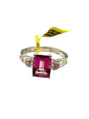 STS Ring Big Pink Topaz Small Pink Sapphire Sterling Silver Size 8